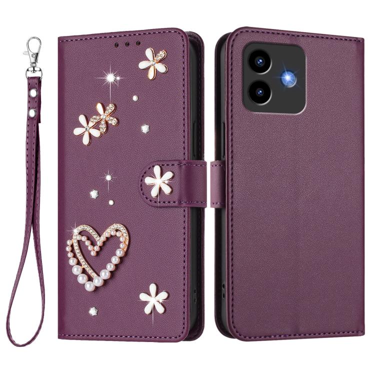 For Cubot Note 40 ZS01 Double-Layer Heart Floral Vegan Leather Phone Case with Wrist Strap
