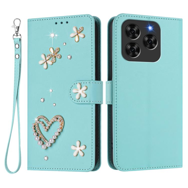 For Cubot Note 60 4G ZS01 Double-Layer Heart Floral Vegan Leather Phone Case with Wrist Strap