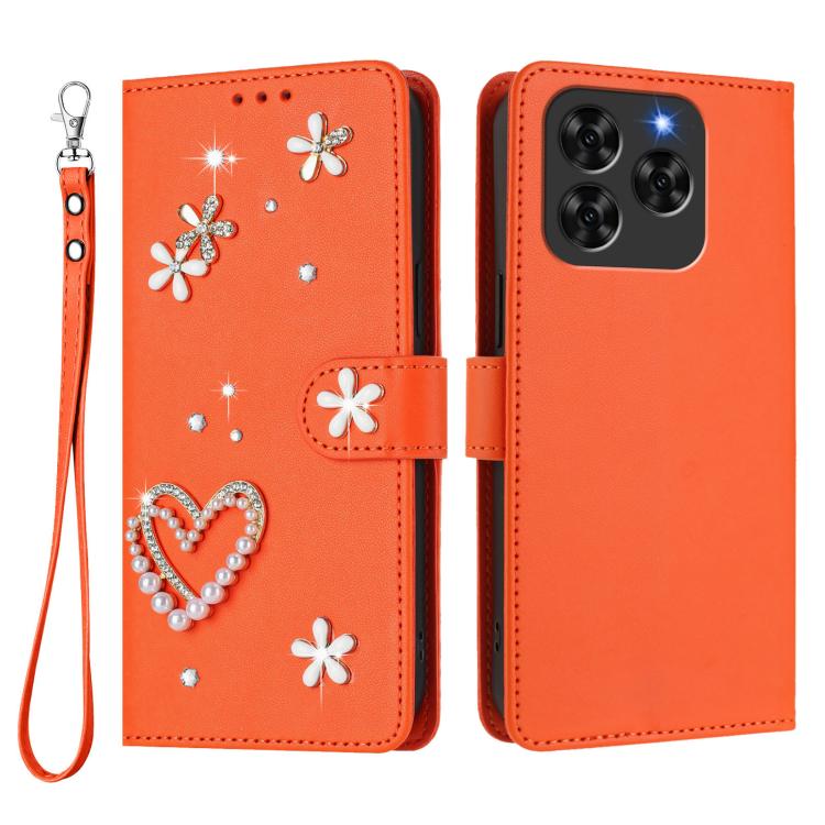 For Cubot Note 60 4G ZS01 Double-Layer Heart Floral Vegan Leather Phone Case with Wrist Strap