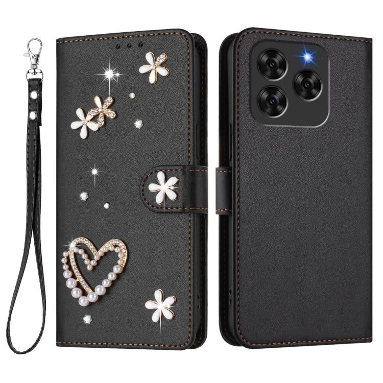 For Cubot Note 60 4G ZS01 Double-Layer Heart Floral Vegan Leather Phone Case with Wrist Strap