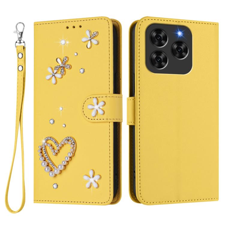 For Cubot Note 60 4G ZS01 Double-Layer Heart Floral Vegan Leather Phone Case with Wrist Strap