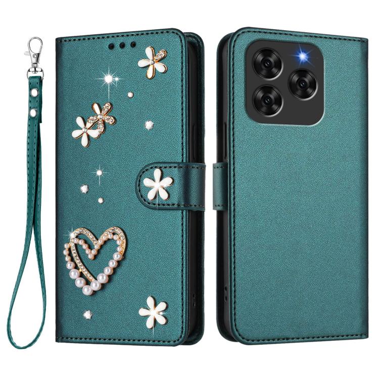 For Cubot Note 60 4G ZS01 Double-Layer Heart Floral Vegan Leather Phone Case with Wrist Strap