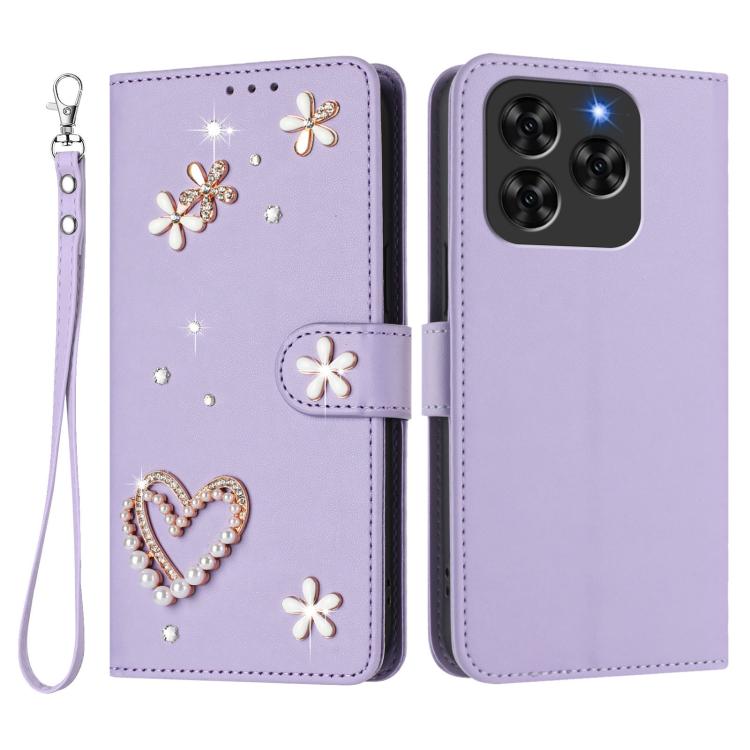 For Cubot Note 60 4G ZS01 Double-Layer Heart Floral Vegan Leather Phone Case with Wrist Strap