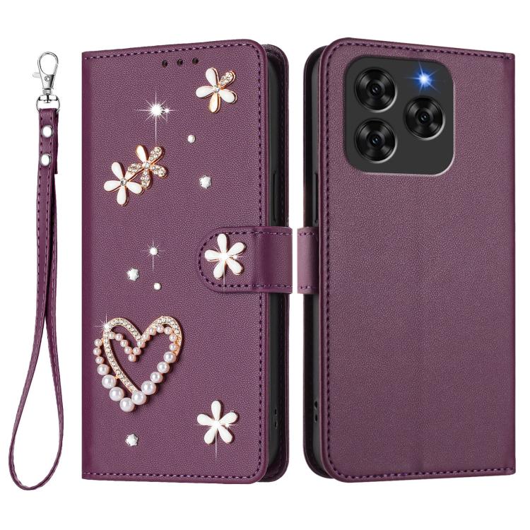 For Cubot Note 60 4G ZS01 Double-Layer Heart Floral Vegan Leather Phone Case with Wrist Strap