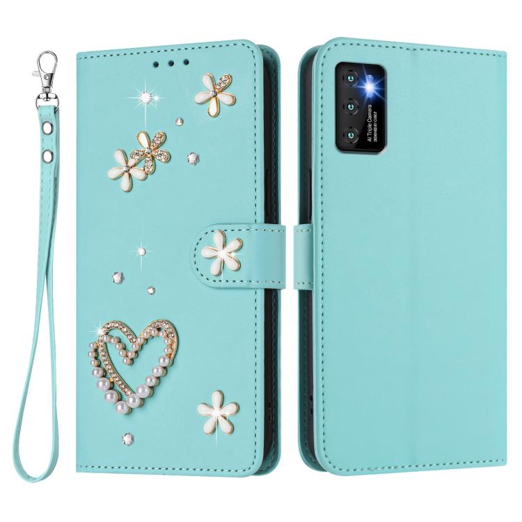 For Cubot P50 ZS01 Double-Layer Heart Floral Vegan Leather Phone Case with Wrist Strap