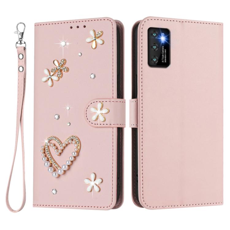 For Cubot P50 ZS01 Double-Layer Heart Floral Vegan Leather Phone Case with Wrist Strap