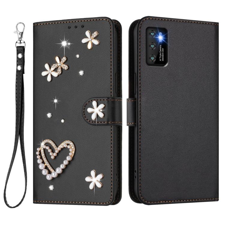 For Cubot P50 ZS01 Double-Layer Heart Floral Vegan Leather Phone Case with Wrist Strap