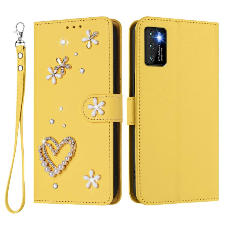 For Cubot P50 ZS01 Double-Layer Heart Floral Vegan Leather Phone Case with Wrist Strap