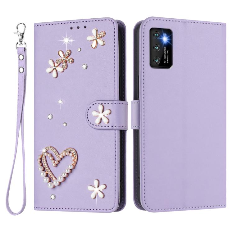 For Cubot P50 ZS01 Double-Layer Heart Floral Vegan Leather Phone Case with Wrist Strap