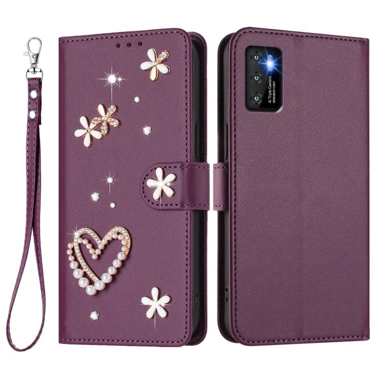 For Cubot P50 ZS01 Double-Layer Heart Floral Vegan Leather Phone Case with Wrist Strap