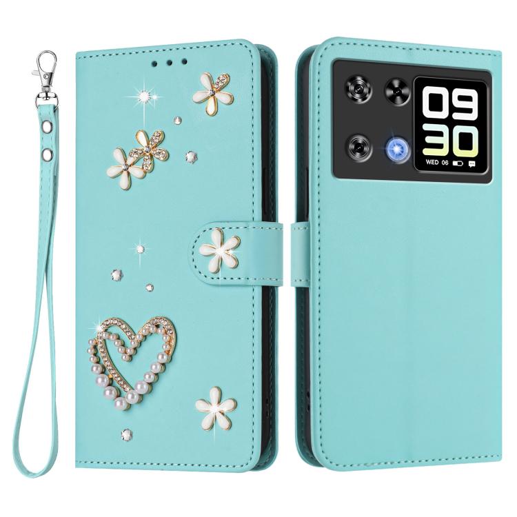 For Cubot P90 ZS01 Double-Layer Heart Floral Vegan Leather Phone Case with Wrist Strap