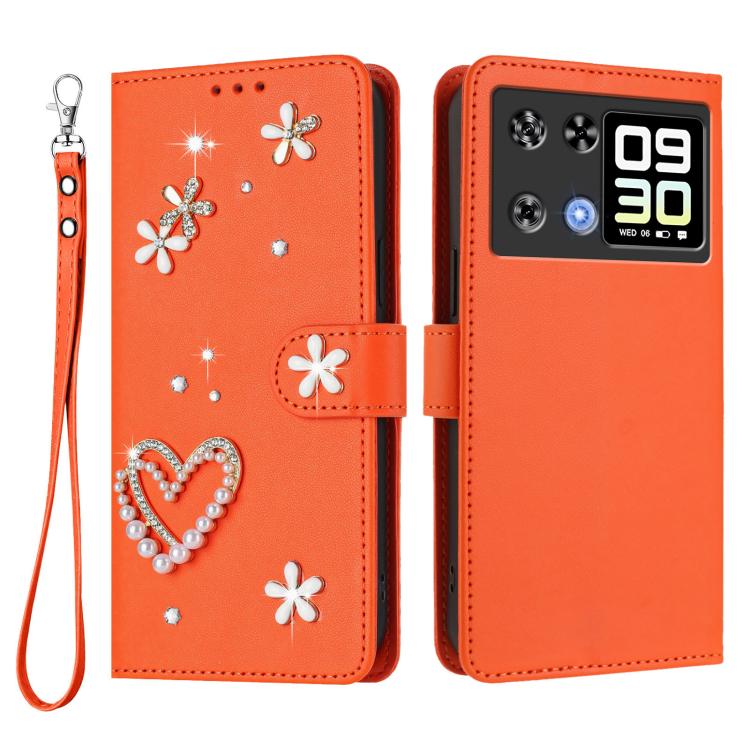 For Cubot P90 ZS01 Double-Layer Heart Floral Vegan Leather Phone Case with Wrist Strap
