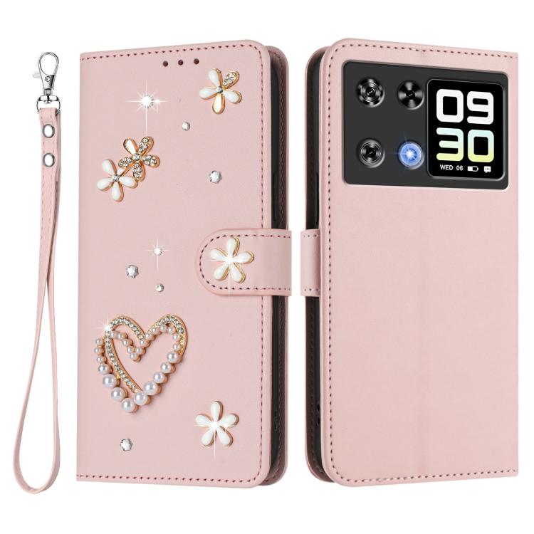 For Cubot P90 ZS01 Double-Layer Heart Floral Vegan Leather Phone Case with Wrist Strap
