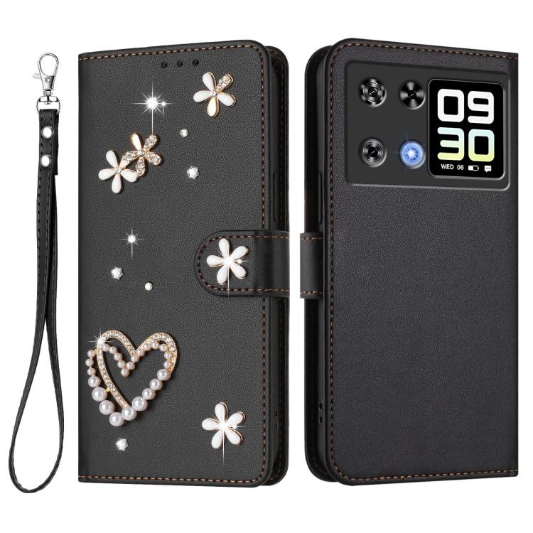 For Cubot P90 ZS01 Double-Layer Heart Floral Vegan Leather Phone Case with Wrist Strap