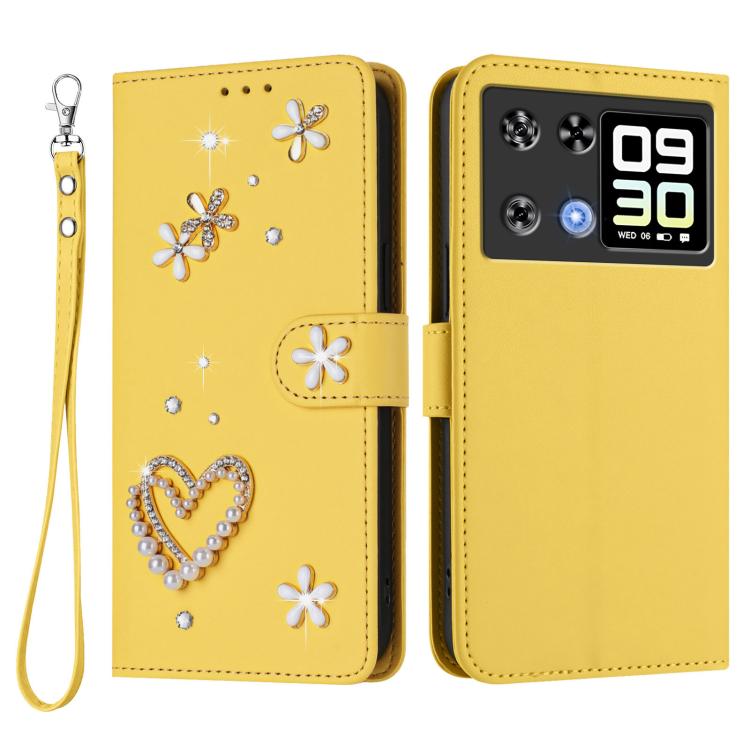 For Cubot P90 ZS01 Double-Layer Heart Floral Vegan Leather Phone Case with Wrist Strap