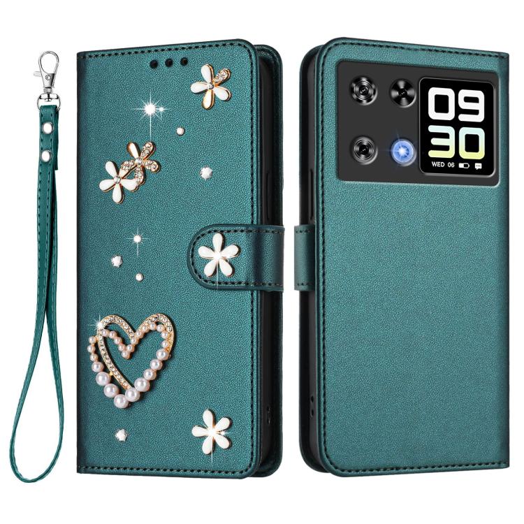 For Cubot P90 ZS01 Double-Layer Heart Floral Vegan Leather Phone Case with Wrist Strap
