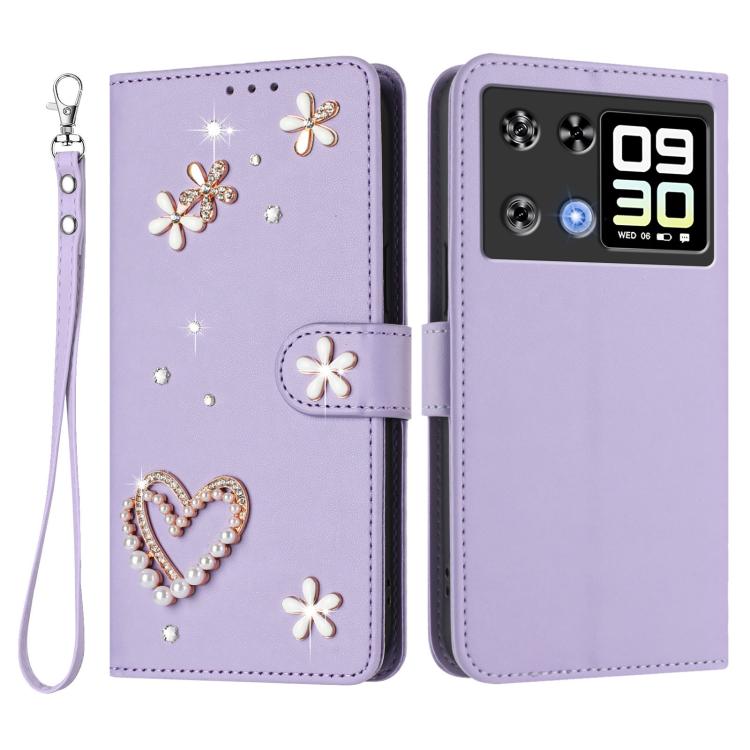 For Cubot P90 ZS01 Double-Layer Heart Floral Vegan Leather Phone Case with Wrist Strap
