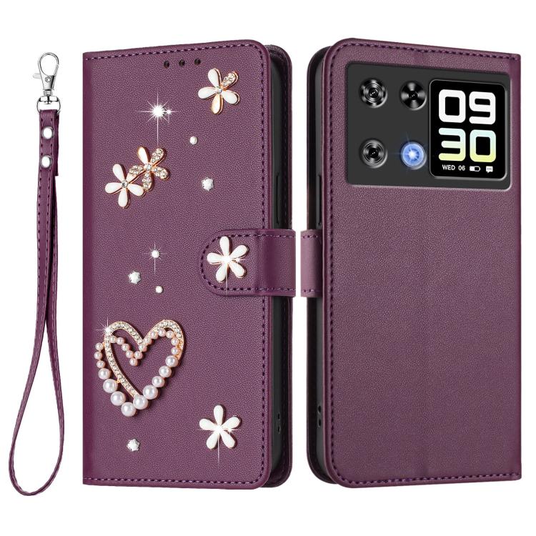 For Cubot P90 ZS01 Double-Layer Heart Floral Vegan Leather Phone Case with Wrist Strap