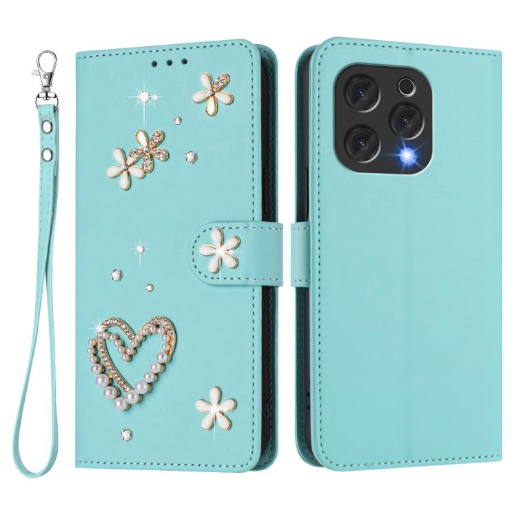 For Doogee N55 / N55 Plus ZS01 Double-Layer Heart Floral Vegan Leather Phone Case with Wrist Strap