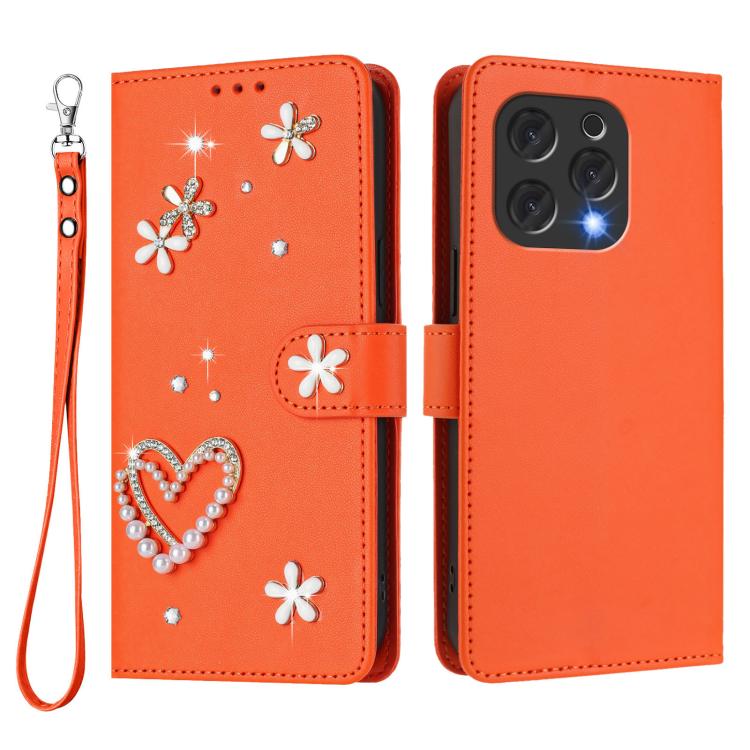 For Doogee N55 / N55 Plus ZS01 Double-Layer Heart Floral Vegan Leather Phone Case with Wrist Strap