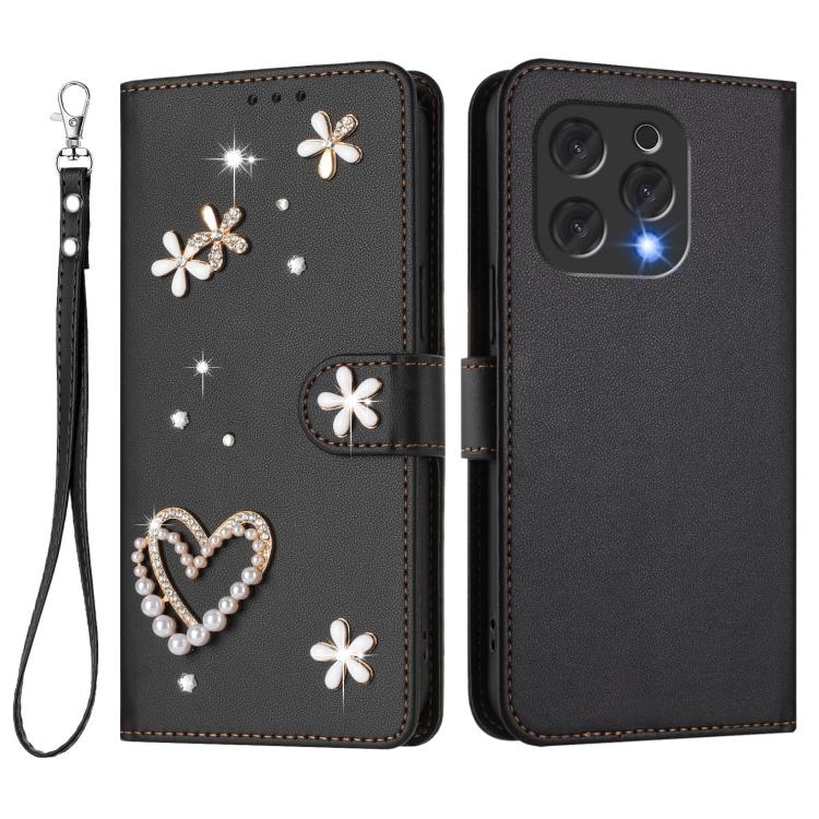 For Doogee N55 / N55 Plus ZS01 Double-Layer Heart Floral Vegan Leather Phone Case with Wrist Strap
