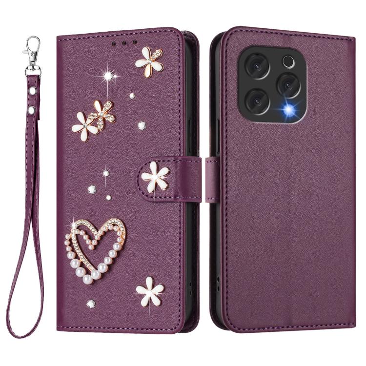 For Doogee N55 / N55 Plus ZS01 Double-Layer Heart Floral Vegan Leather Phone Case with Wrist Strap