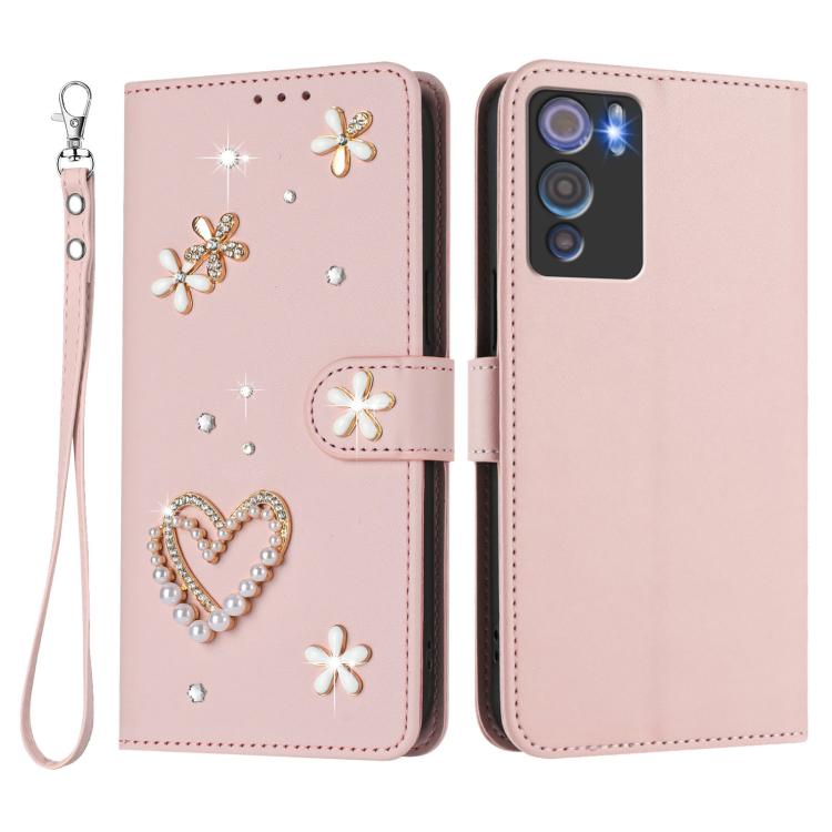 For Doogee N60 Pro ZS01 Double-Layer Heart Floral Vegan Leather Phone Case with Wrist Strap