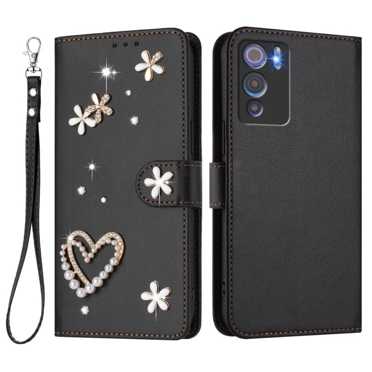 For Doogee N60 Pro ZS01 Double-Layer Heart Floral Vegan Leather Phone Case with Wrist Strap
