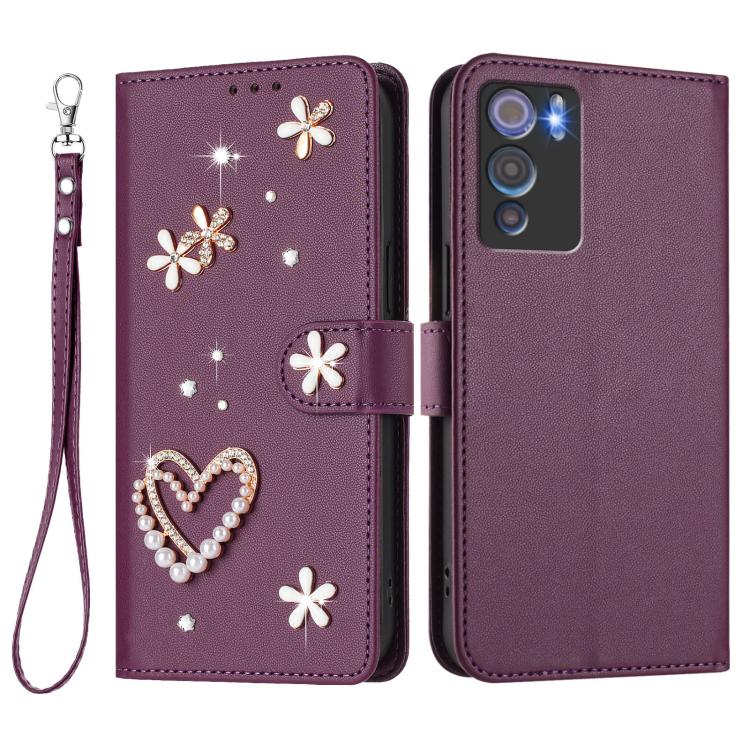 For Doogee N60 Pro ZS01 Double-Layer Heart Floral Vegan Leather Phone Case with Wrist Strap