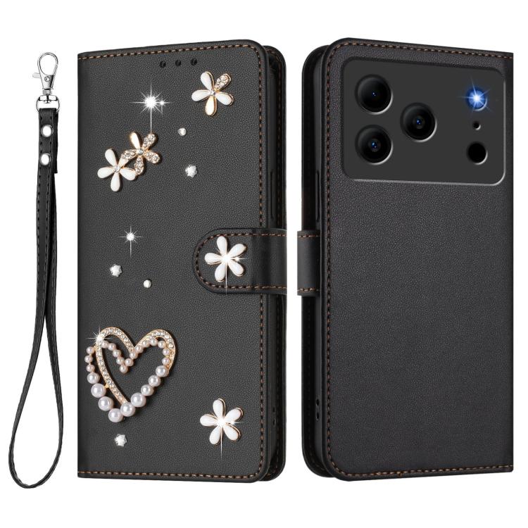 For Doogee Note 56 ZS01 Double-Layer Heart Floral Vegan Leather Phone Case with Wrist Strap
