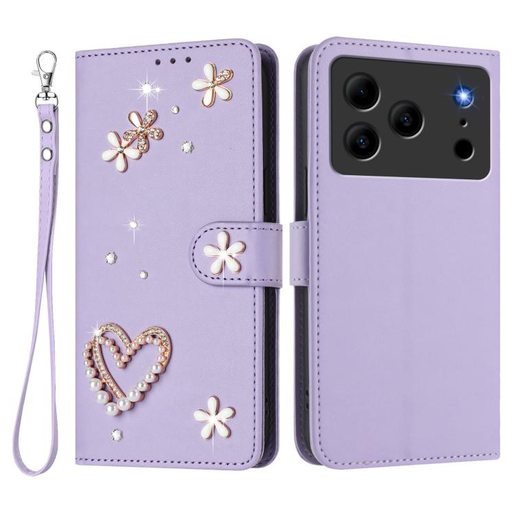 For Doogee Note 56 ZS01 Double-Layer Heart Floral Vegan Leather Phone Case with Wrist Strap