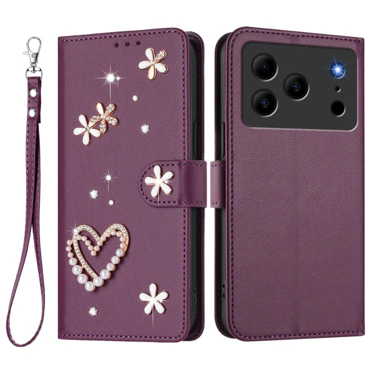 For Doogee Note 56 ZS01 Double-Layer Heart Floral Vegan Leather Phone Case with Wrist Strap
