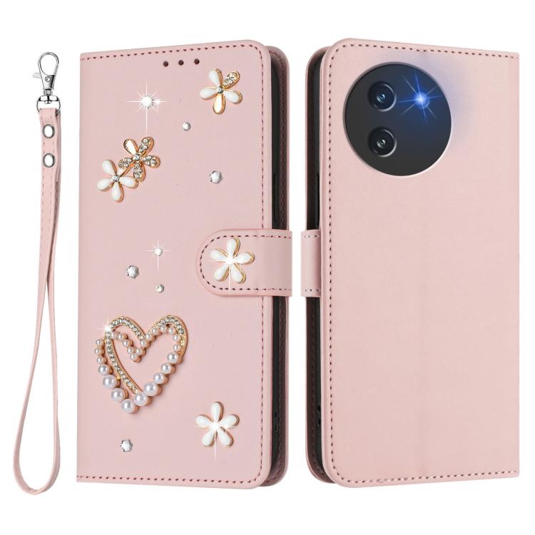 For Doogee Note 59 5G / 59 Pro ZS01 Double-Layer Heart Floral Vegan Leather Phone Case with Wrist Strap