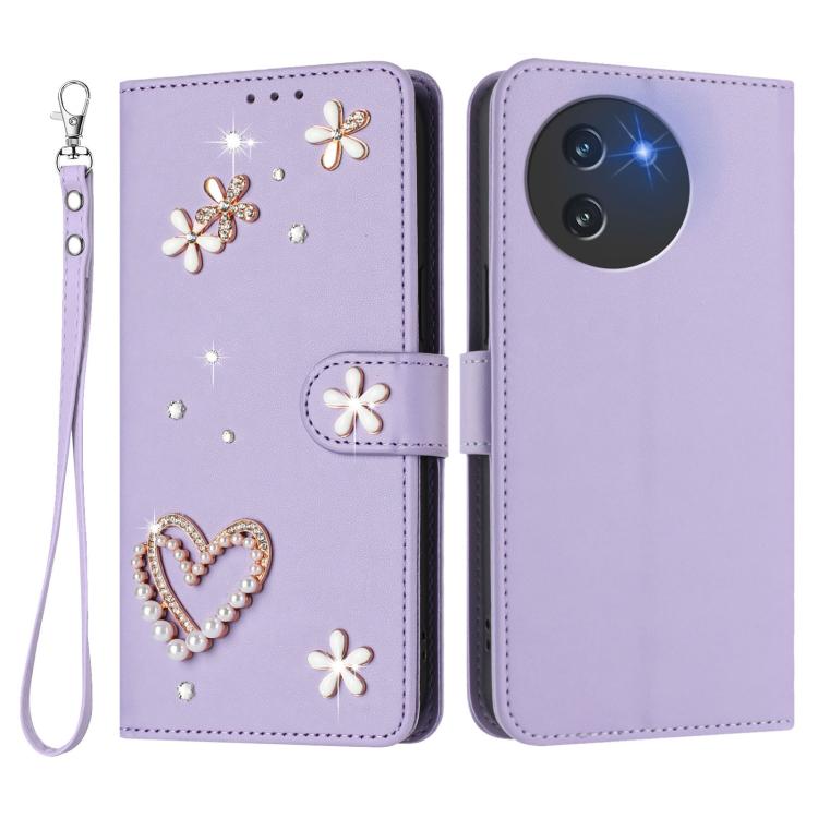 For Doogee Note 59 5G / 59 Pro ZS01 Double-Layer Heart Floral Vegan Leather Phone Case with Wrist Strap