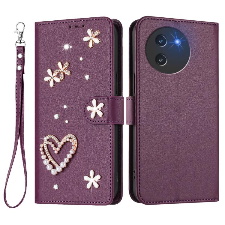 For Doogee Note 59 5G / 59 Pro ZS01 Double-Layer Heart Floral Vegan Leather Phone Case with Wrist Strap
