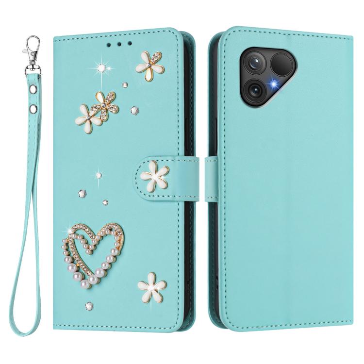 For Fairphone 5 ZS01 Double-Layer Heart Floral Vegan Leather Phone Case with Wrist Strap