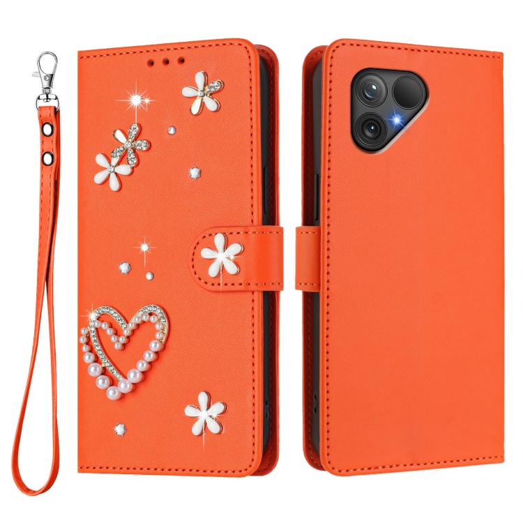 For Fairphone 5 ZS01 Double-Layer Heart Floral Vegan Leather Phone Case with Wrist Strap