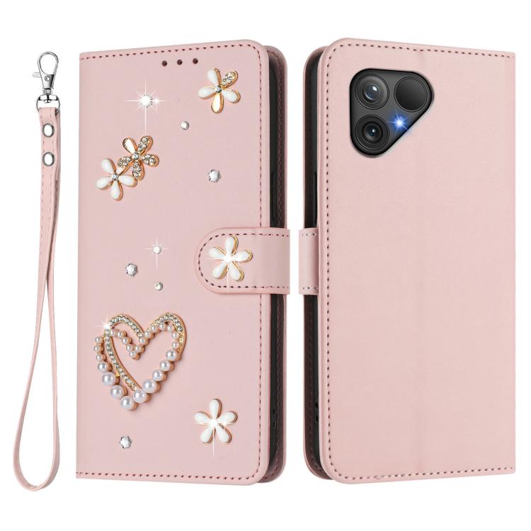 For Fairphone 5 ZS01 Double-Layer Heart Floral Vegan Leather Phone Case with Wrist Strap