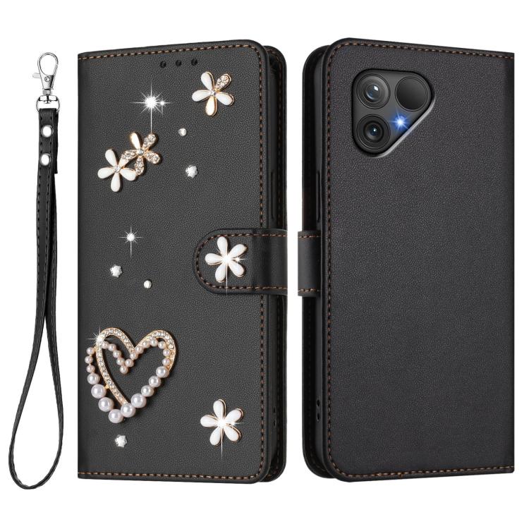 For Fairphone 5 ZS01 Double-Layer Heart Floral Vegan Leather Phone Case with Wrist Strap