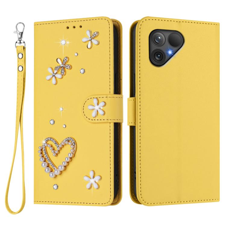 For Fairphone 5 ZS01 Double-Layer Heart Floral Vegan Leather Phone Case with Wrist Strap