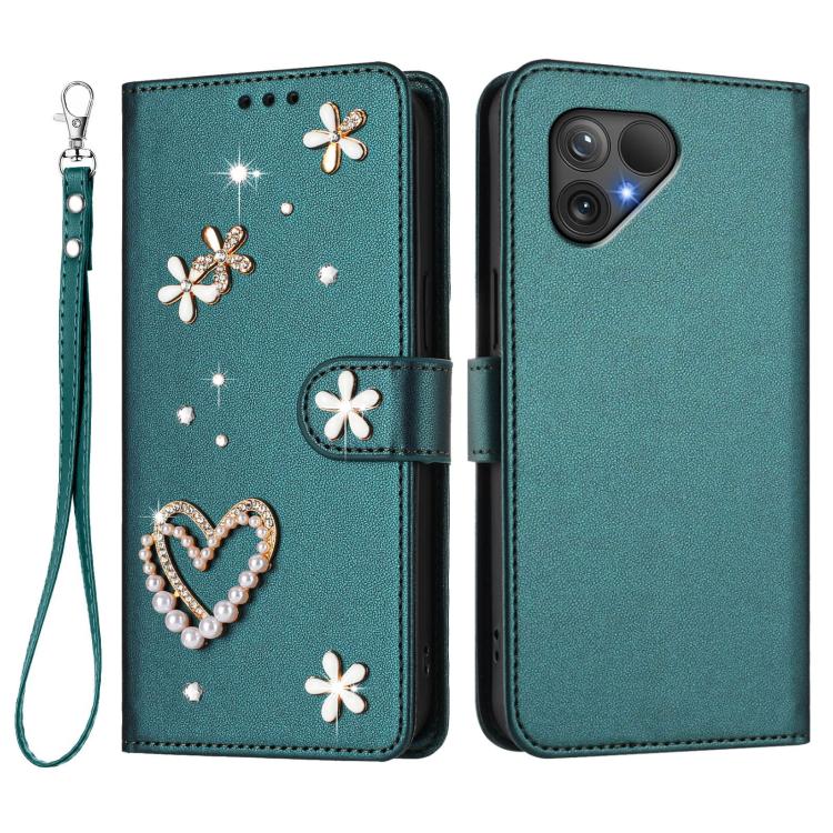 For Fairphone 5 ZS01 Double-Layer Heart Floral Vegan Leather Phone Case with Wrist Strap