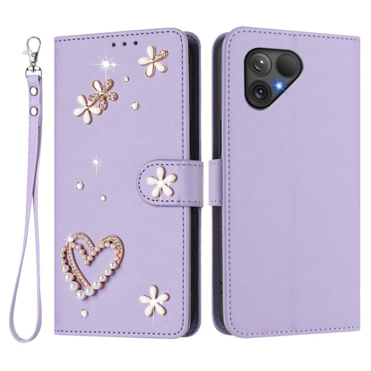 For Fairphone 5 ZS01 Double-Layer Heart Floral Vegan Leather Phone Case with Wrist Strap