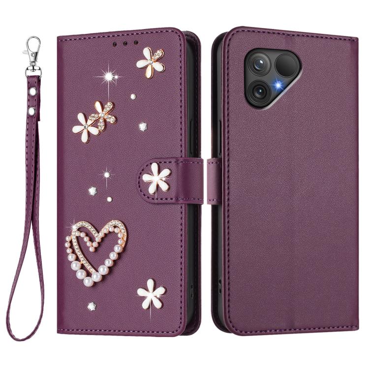 For Fairphone 5 ZS01 Double-Layer Heart Floral Vegan Leather Phone Case with Wrist Strap