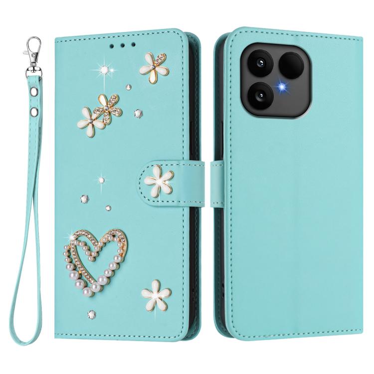 For Fairphone 6 ZS01 Double-Layer Heart Floral Vegan Leather Phone Case with Wrist Strap