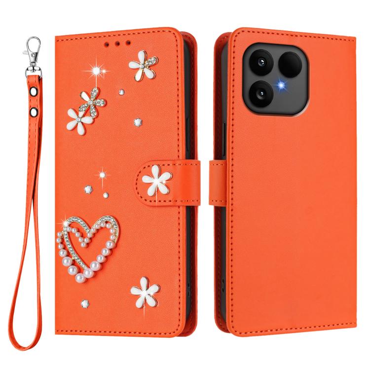 For Fairphone 6 ZS01 Double-Layer Heart Floral Vegan Leather Phone Case with Wrist Strap