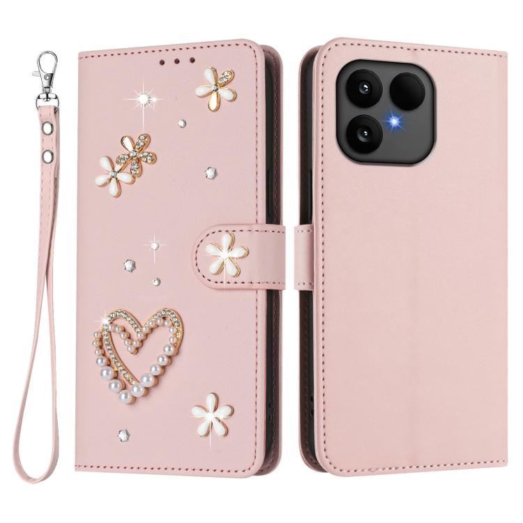 For Fairphone 6 ZS01 Double-Layer Heart Floral Vegan Leather Phone Case with Wrist Strap