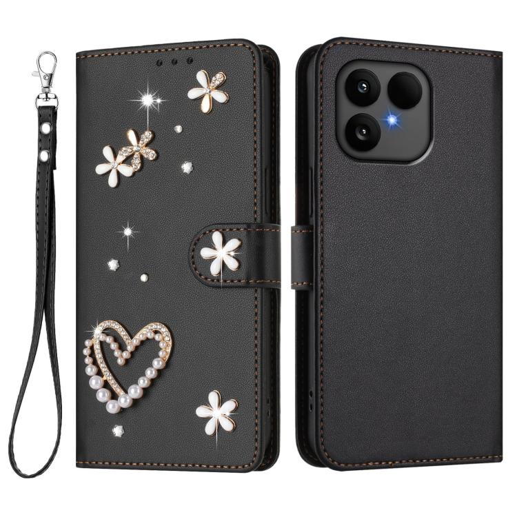For Fairphone 6 ZS01 Double-Layer Heart Floral Vegan Leather Phone Case with Wrist Strap