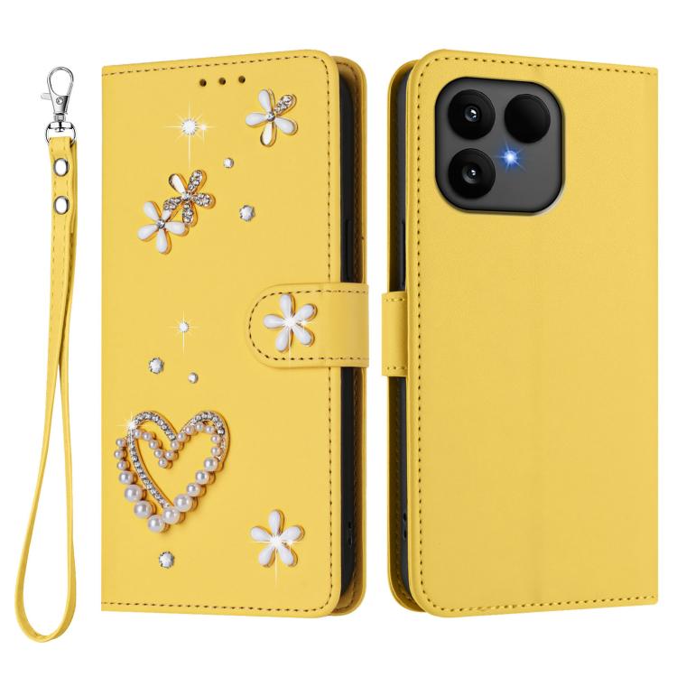 For Fairphone 6 ZS01 Double-Layer Heart Floral Vegan Leather Phone Case with Wrist Strap