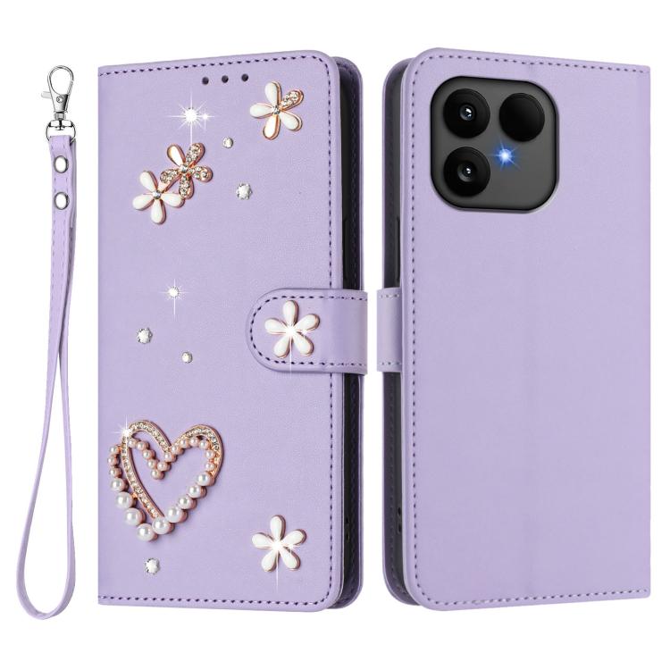 For Fairphone 6 ZS01 Double-Layer Heart Floral Vegan Leather Phone Case with Wrist Strap