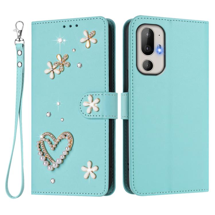 For HTC U24 Pro ZS01 Double-Layer Heart Floral Vegan Leather Phone Case with Wrist Strap